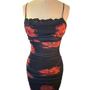 Klesis Sheer Black Mesh Dress with Red Floral Print Size Small